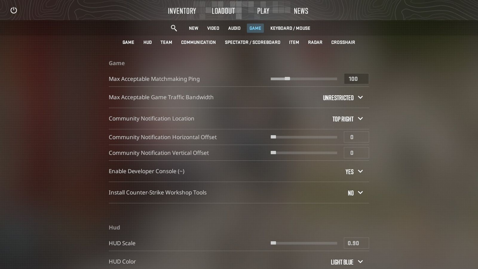 Экран игровых настроек CS2